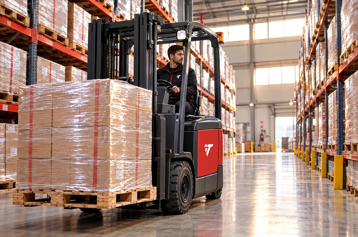 Autoelevador de TransMarck mueve un pallet dentro del depósito