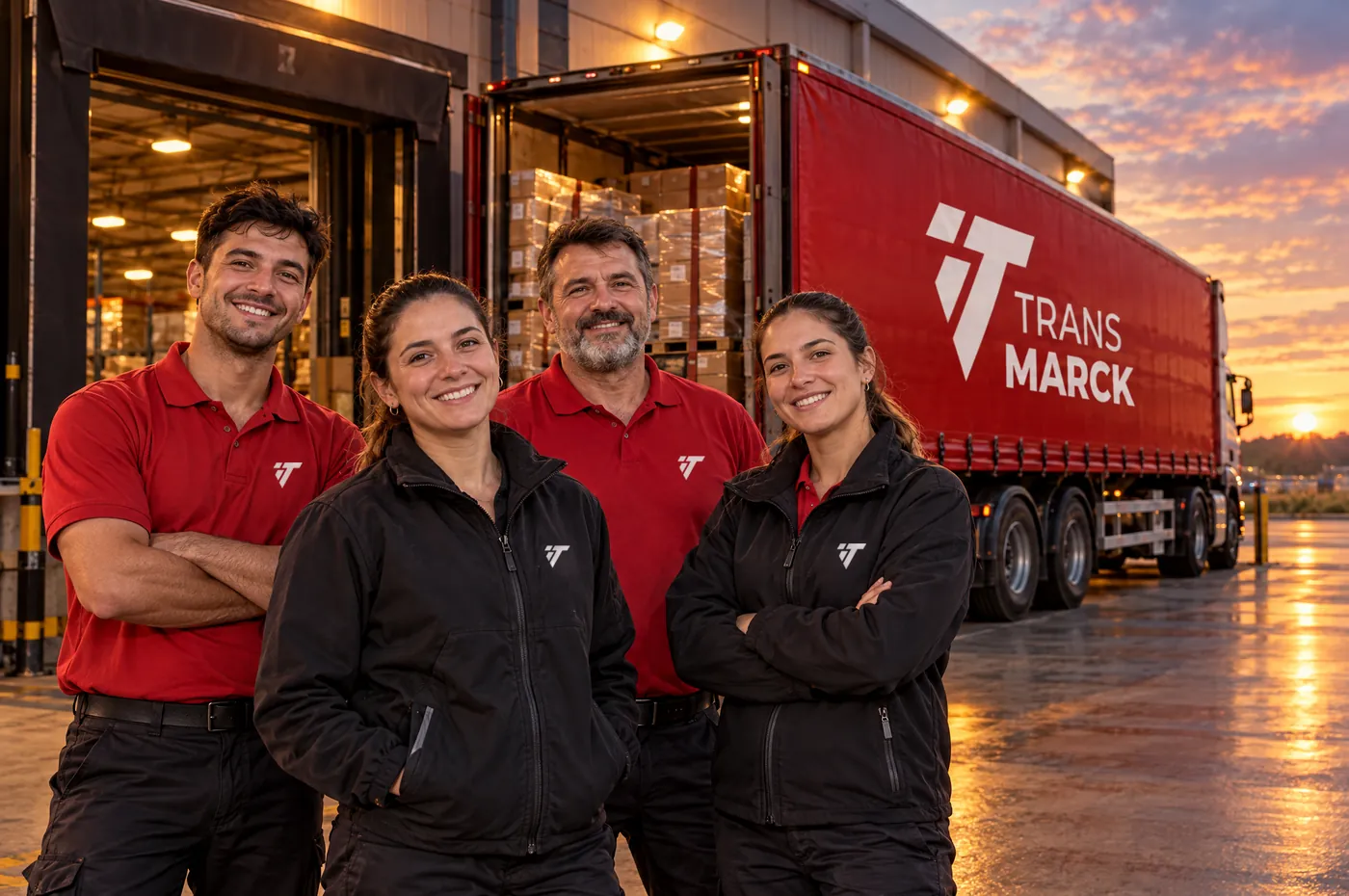 Equipo de TransMarck frente al camión en el muelle de carga