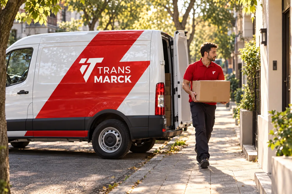 Repartidor de TransMarck baja una caja del utilitario frente a una casa